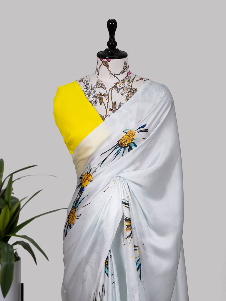 White Color Digital Printed Japan Satin Silk Saree Clothsvilla