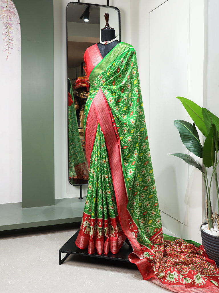 Parrot Color Digital Patola Printed Dola Silk Saree Clothsvilla