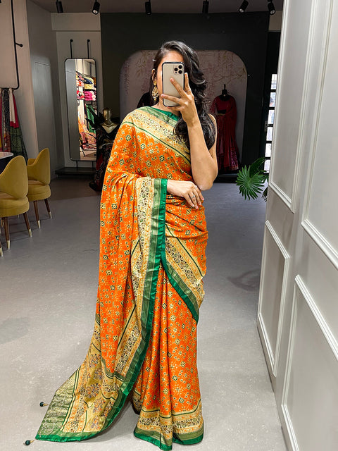 Orange Color Foil Printed And Stone Work Dola Silk Saree Clothsvilla Main image