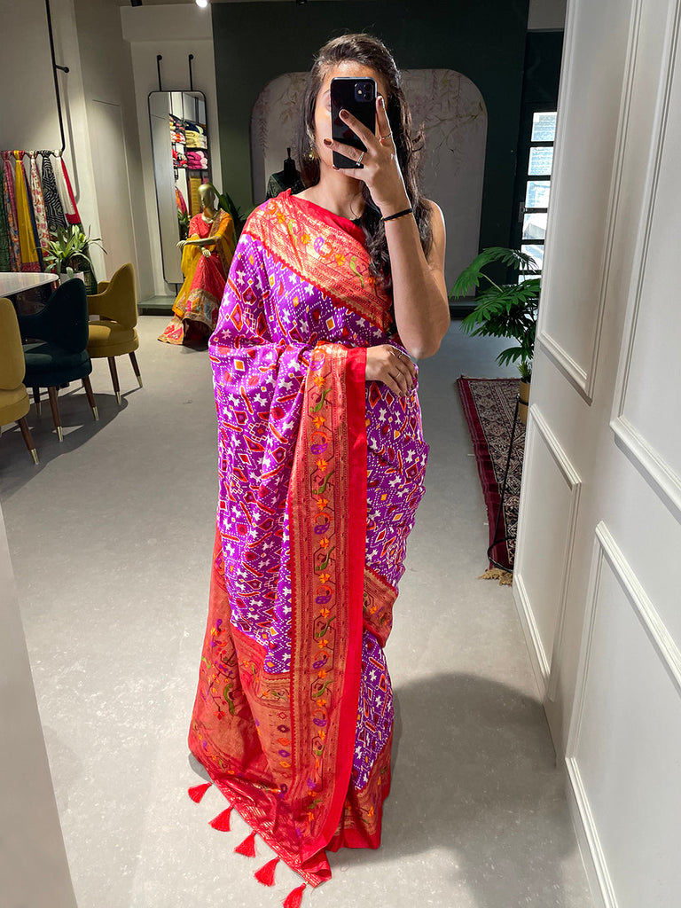 Purple Color Patola Paithani Printed with Foil Work Dola Silk Saree Clothsvilla