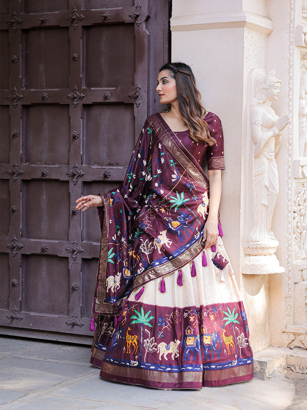 Wine Color Printed With Foil Work Dola Silk Lehenga Choli ClothsVilla.com