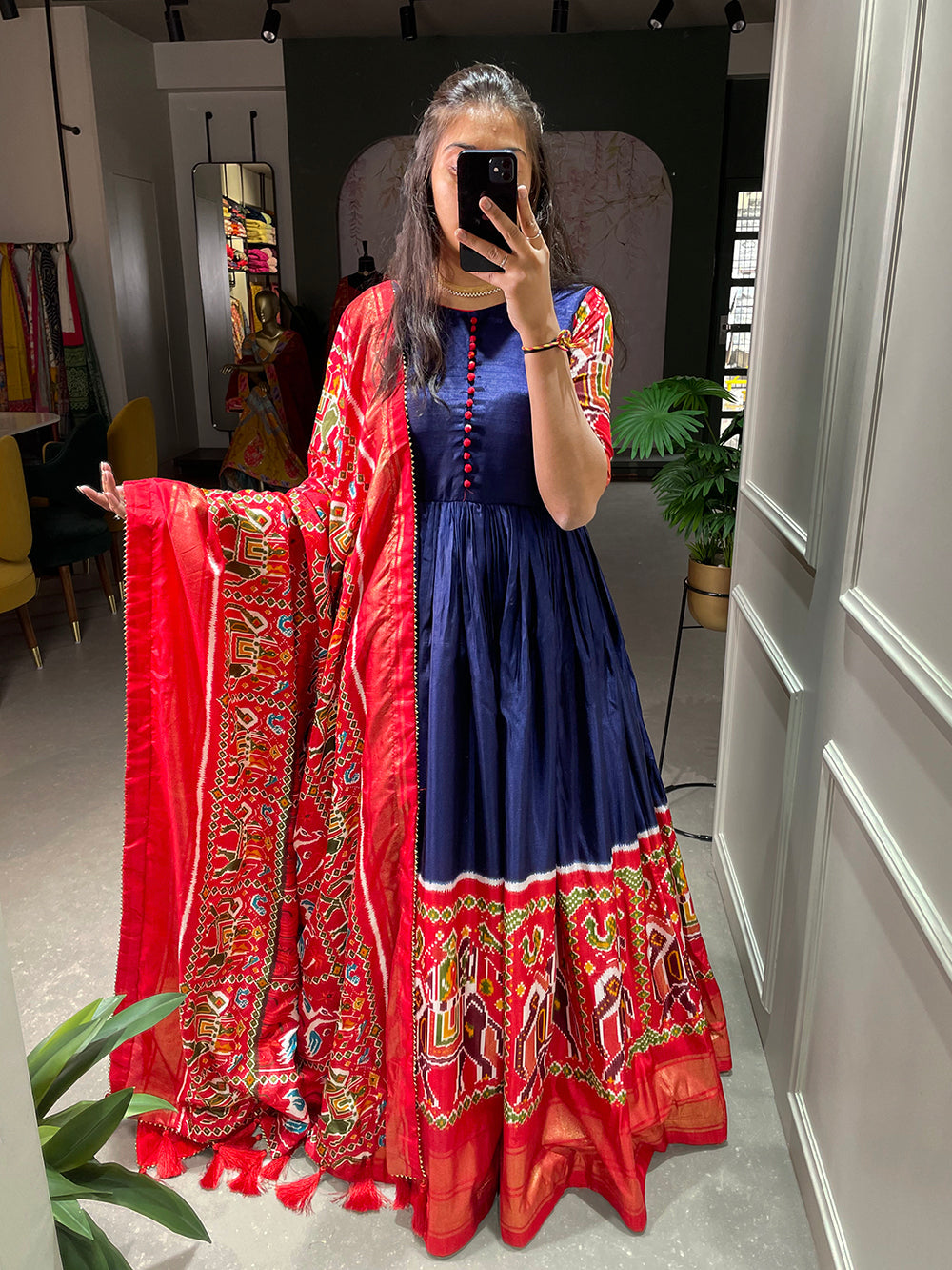Blue Color Patola And Foil Printed Dola Silk Gown Clothsvilla
