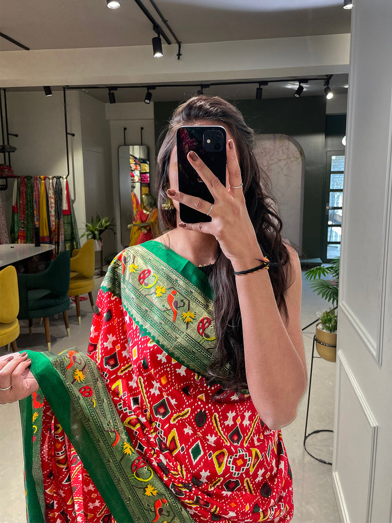 Red Color Patola Paithani Printed with Foil Work Dola Silk Saree Clothsvilla