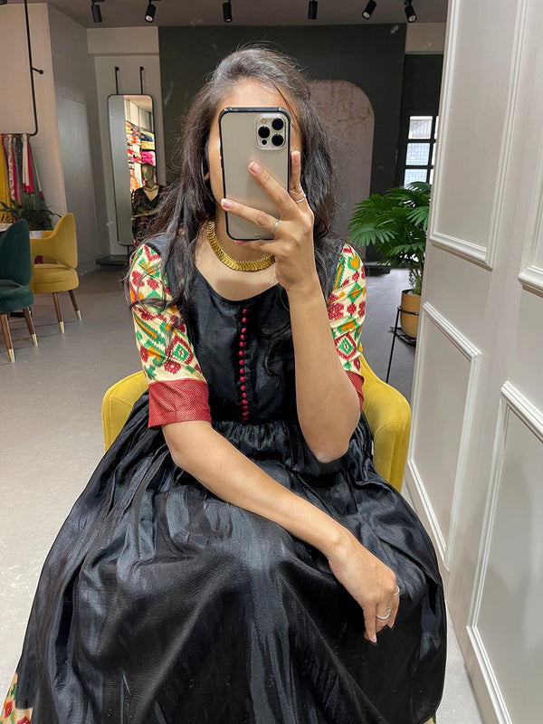 Black Color Foil Printed Dola Silk Gown Clothsvilla
