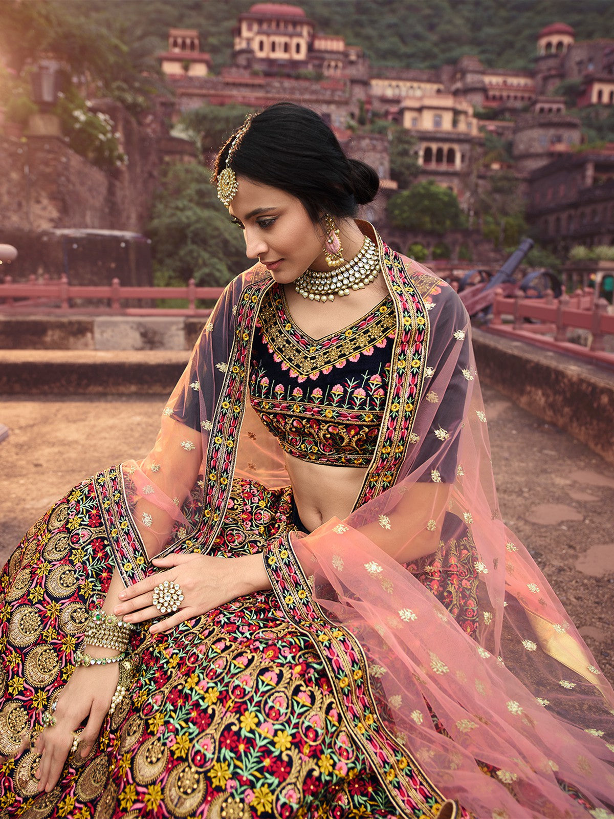 Navy Blue Thread With Mutli Sequins Work Semi Stitched Lehenga With  Unstitched Blouse Clothsvilla