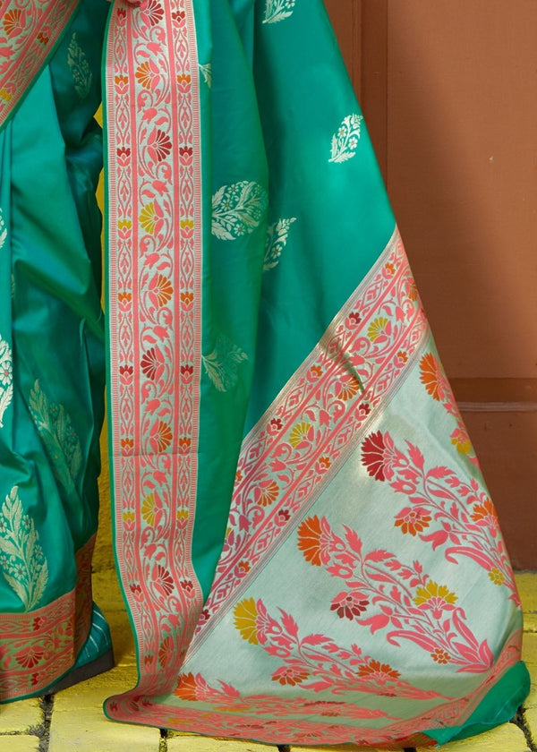 Teal Green Silk Saree with Floral Zari Border and Silver Buti Design Clothsvilla