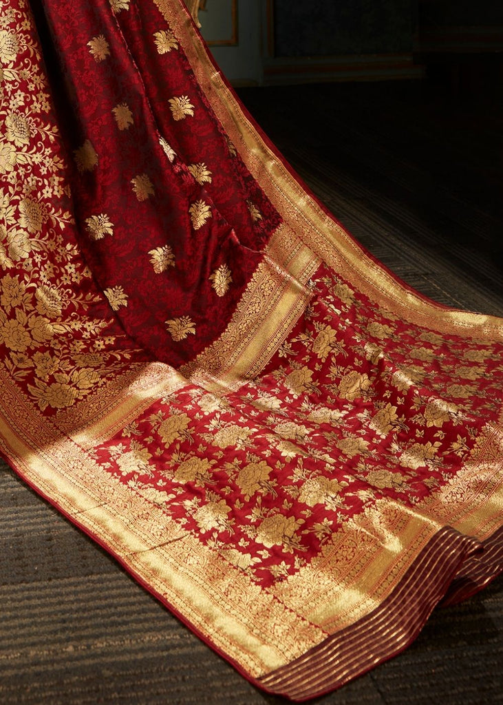 Maroon Red and Golden Banarasi Silk Saree Clothsvilla