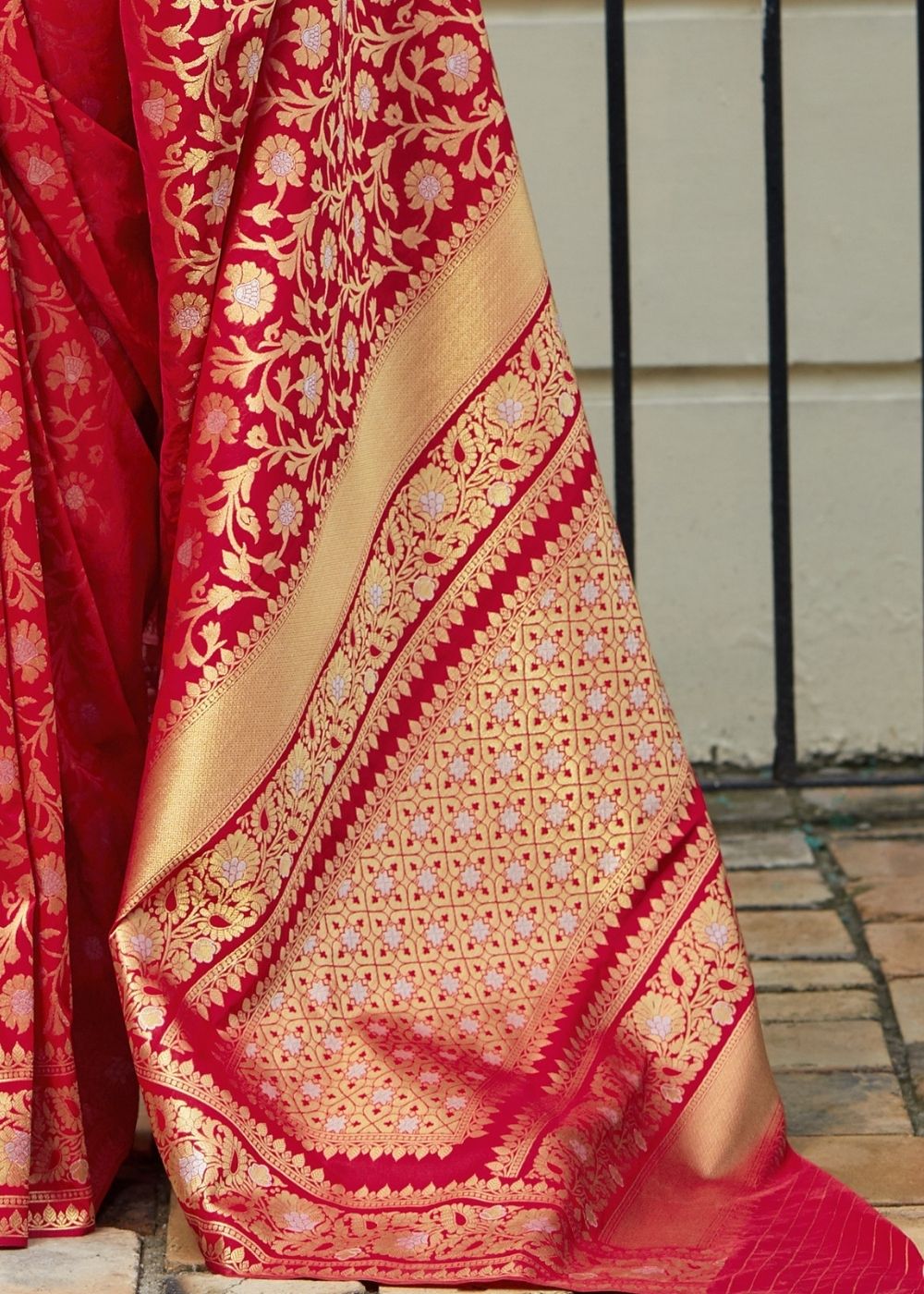 Cherry Red Banarasi Silk Saree with Floral  Zari work Clothsvilla