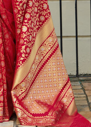Cherry Red Banarasi Silk Saree with Floral  Zari work Clothsvilla