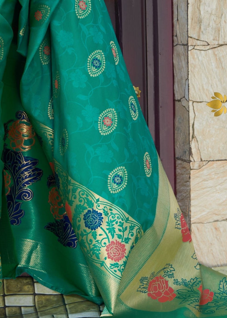 Emerald Green Silk Saree with Floral Motif Zari Border Clothsvilla