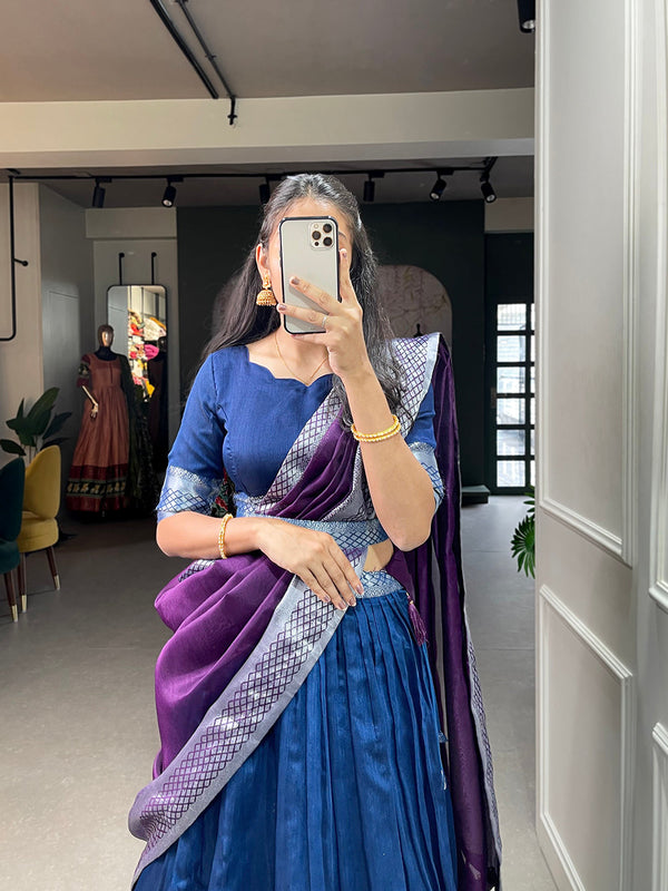 Blue Color Plain And Silver Viscose Chanderi Dupion Silk Semi Stich Half Saree Lehenga Choli ClothsVilla.com
