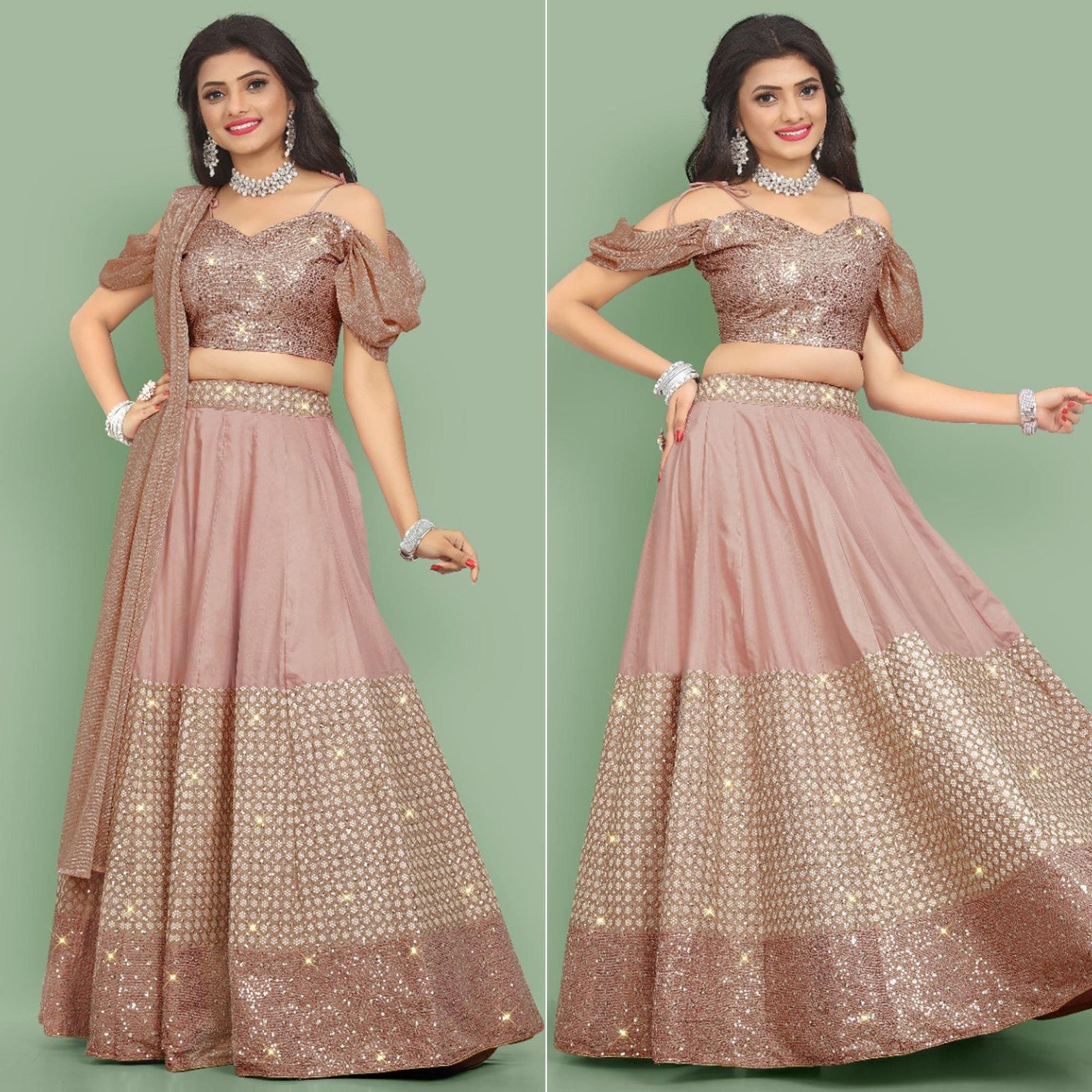 Dusty Rose Pink  Partywear Sequins Embroidery Silk Lehenga Choli Clothsvilla