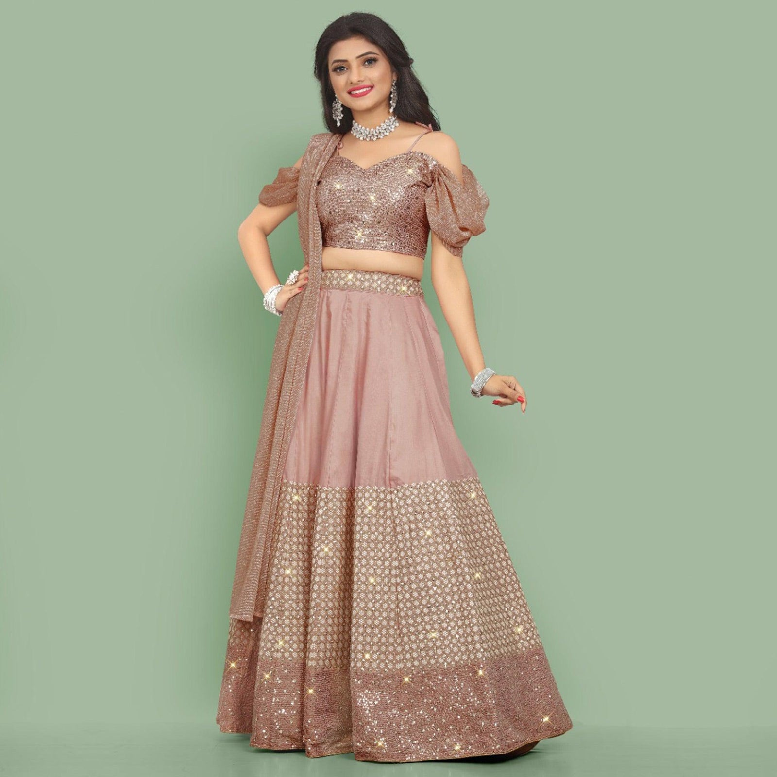 Dusty Rose Pink  Partywear Sequins Embroidery Silk Lehenga Choli Clothsvilla