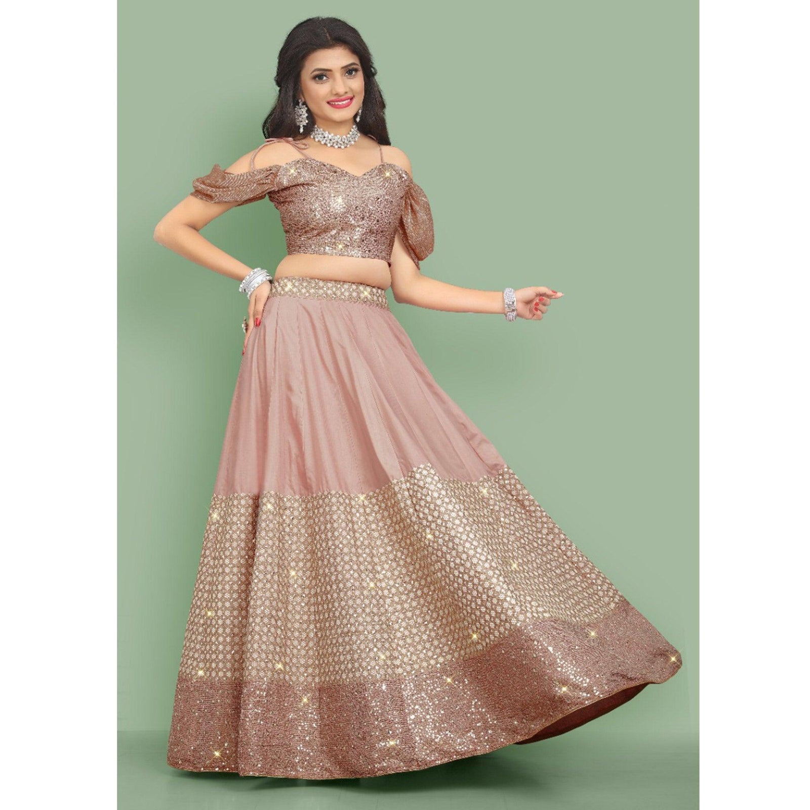 Dusty Rose Pink  Partywear Sequins Embroidery Silk Lehenga Choli Clothsvilla