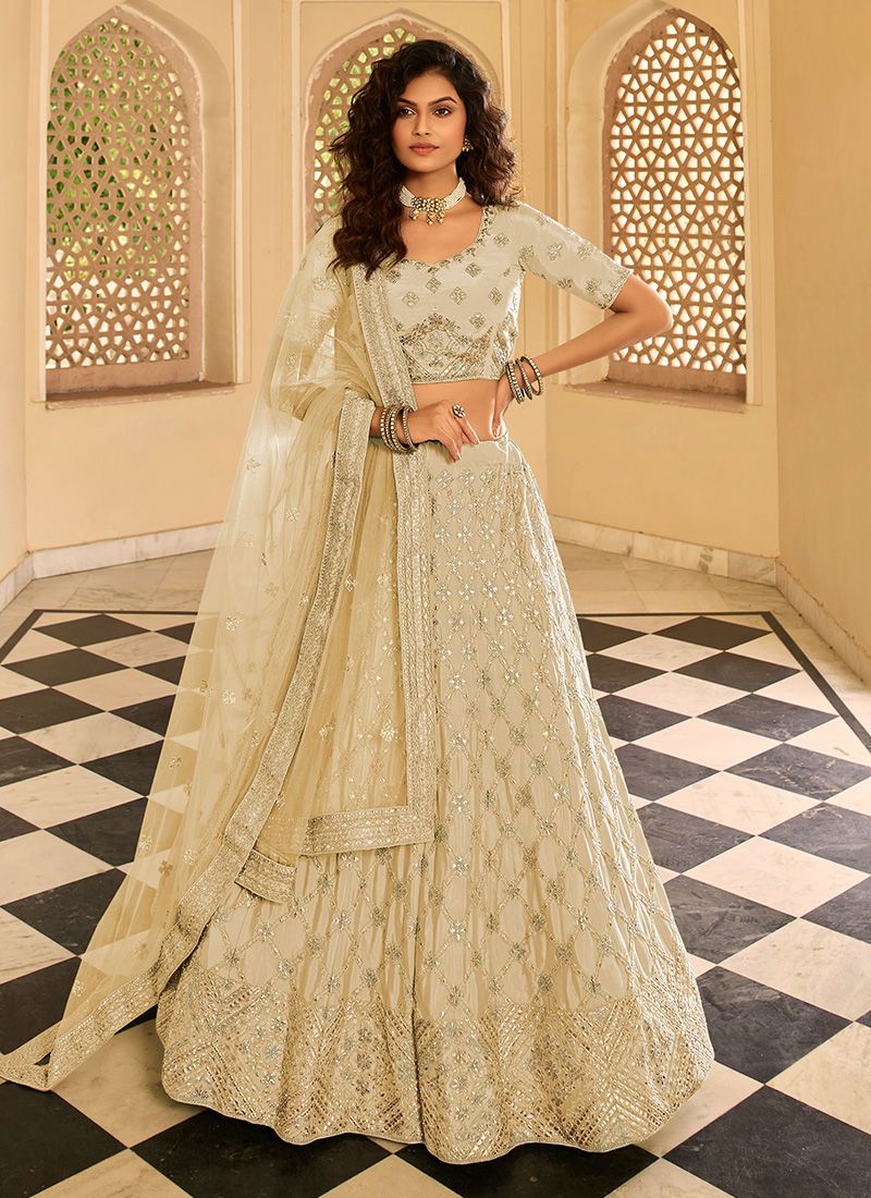 Elegant Cream Crepe Lehenga with Net Dupatta for a Timeless