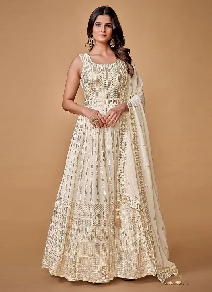 Elegant White Georgette Readymade Indian Sequin Gown Clothsvilla