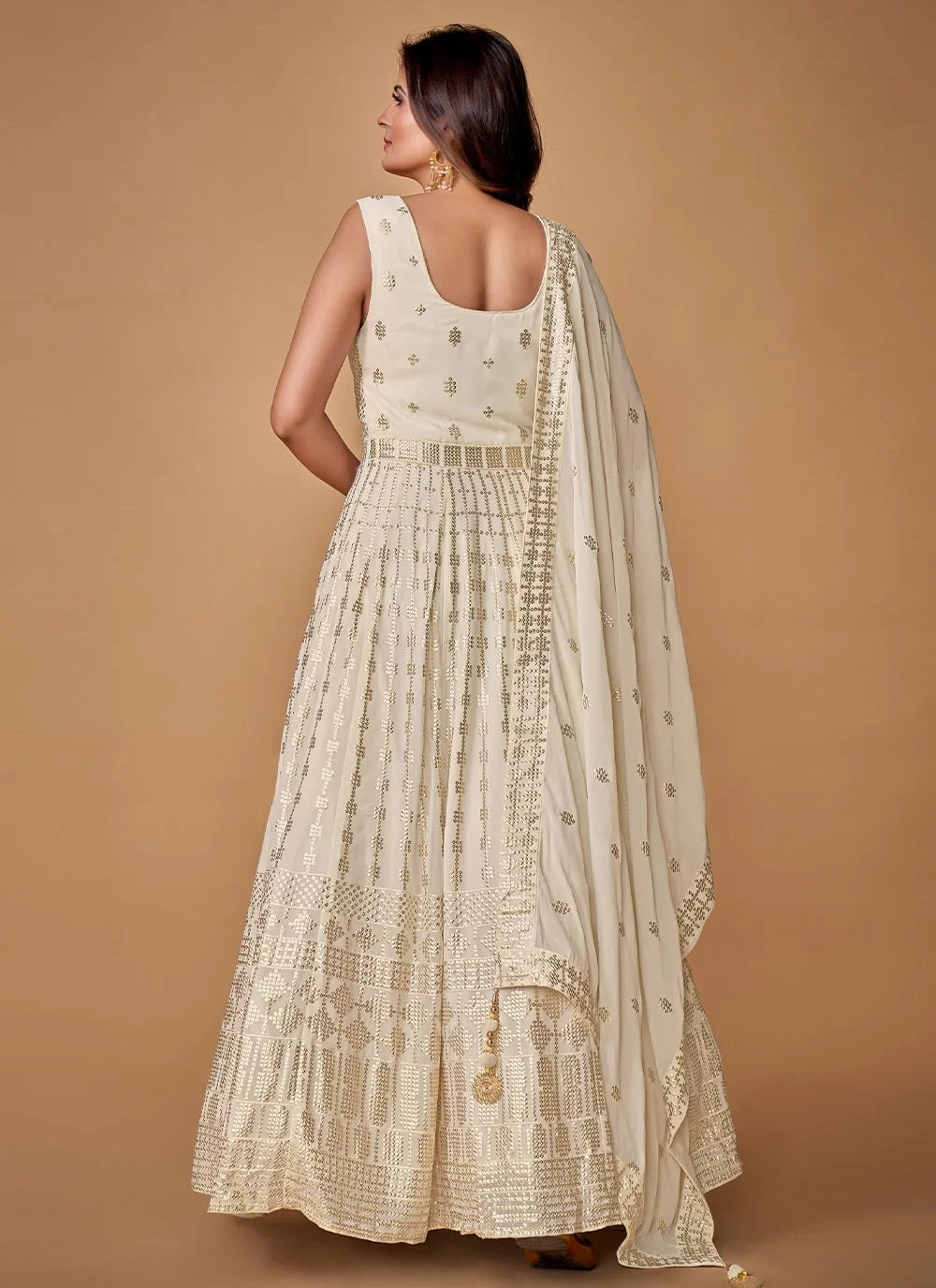 Elegant White Georgette Readymade Indian Sequin Gown Clothsvilla