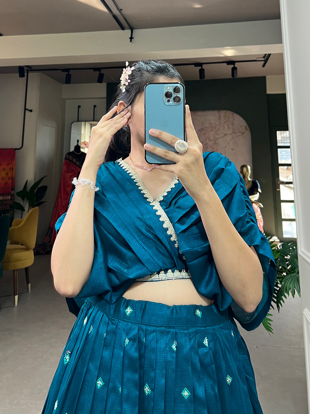 Teal Color Thread Embroidery Work Vichitra Silk Lehenga Choli Clothsvilla