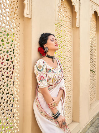 Cream Color Thread And Sequins Embroidery Border Diamond Georgette Saree Clothsvilla