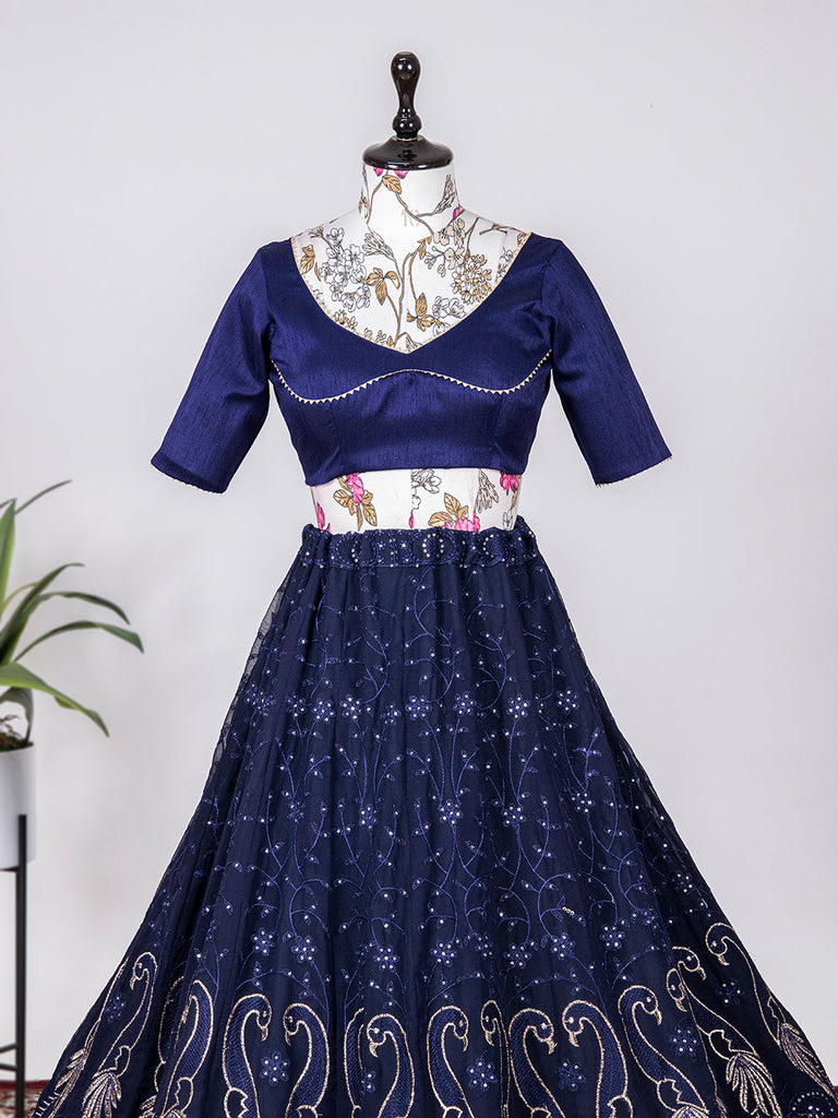 Navy Blue Color Sequins & Thread Embroidery Work Georgette Lehenga Clothsvilla