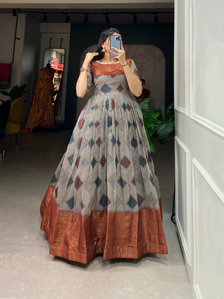 Off White Color Print With Zari Patta  Soft Cotton Dress Clothsvilla