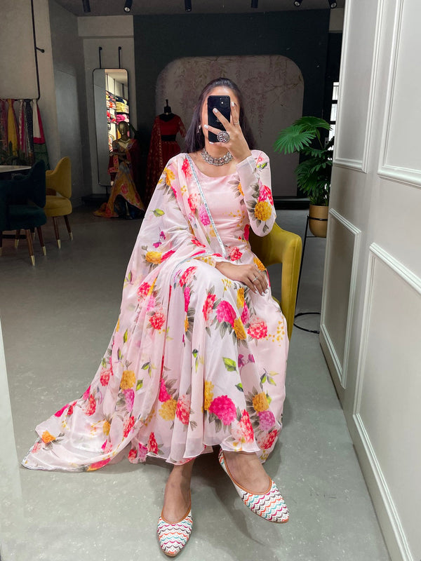 Light Pink Color Floral Printed Anarkali Style Chiffon Kurti Clothsvilla