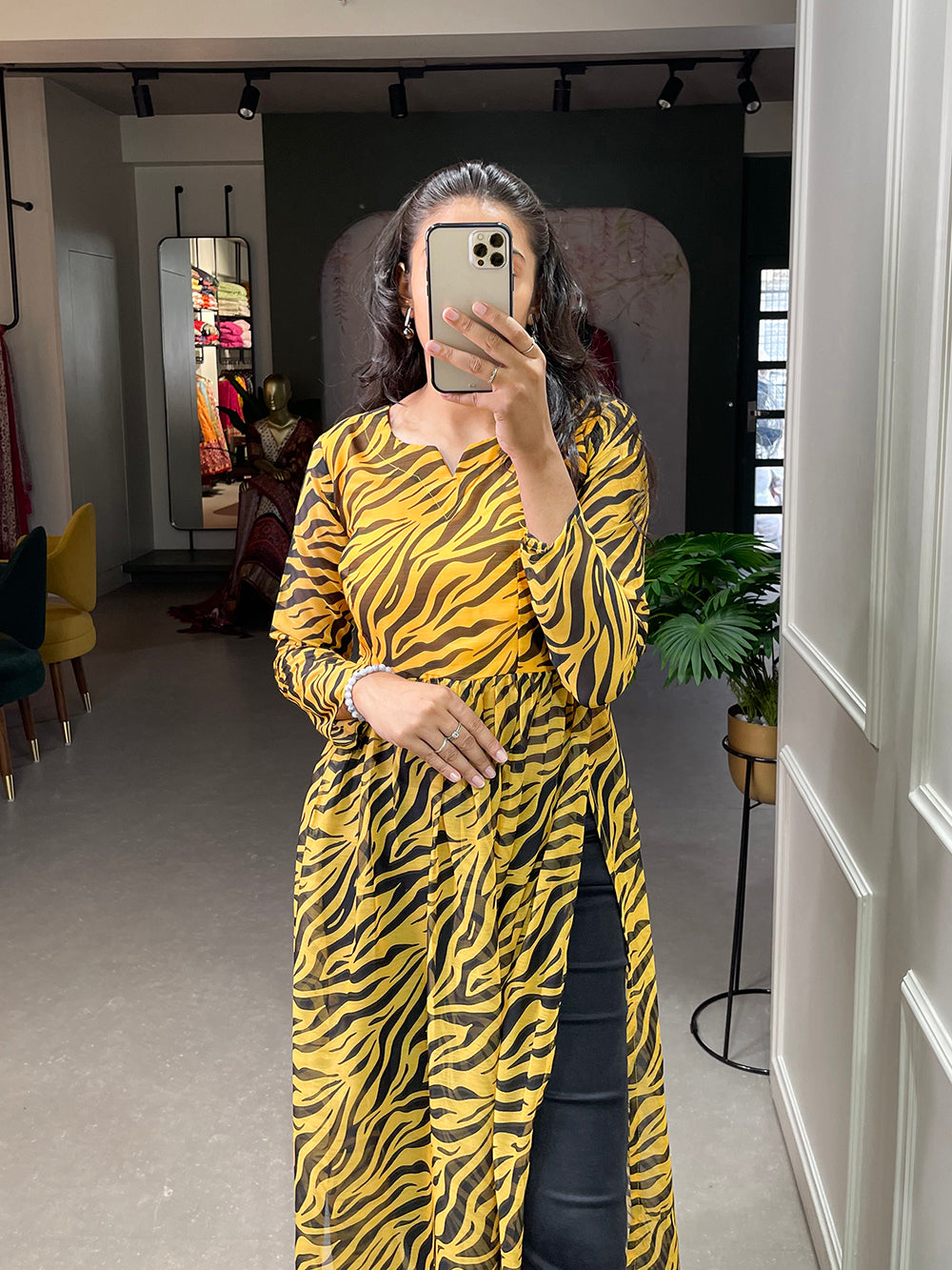 Yellow Color Animal Print Chiffon Kurti Clothsvilla