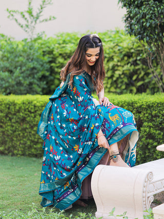 Firozi Color Printed With Foil Work Dola Silk Lehenga Choli ClothsVilla.com