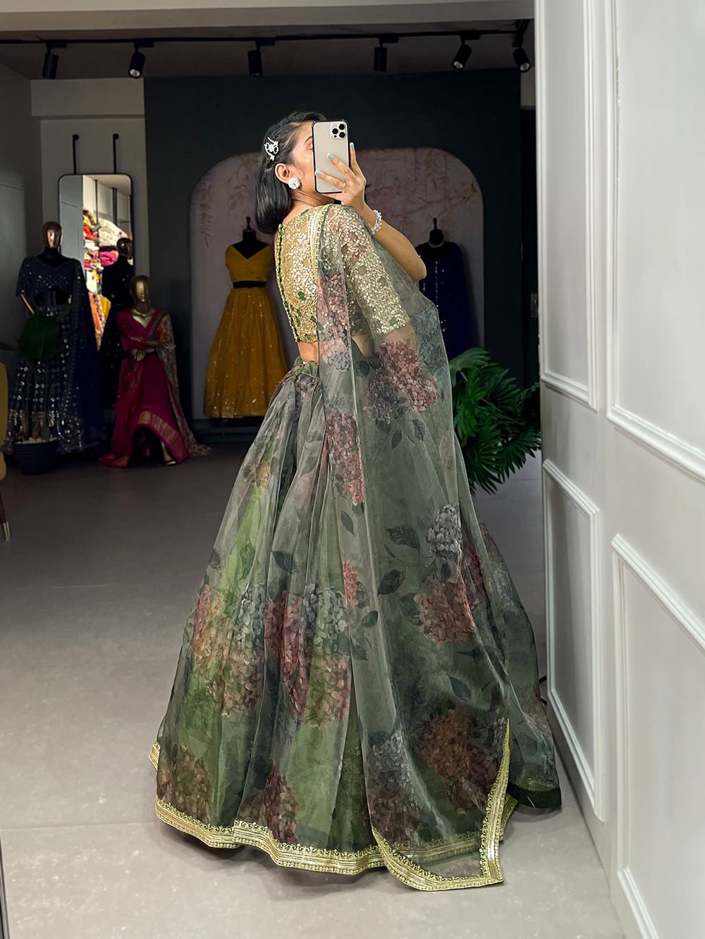Mehndi Color Printed And Sequins Embroidery Lace Border Organza Lehenga Choli ClothsVilla.com