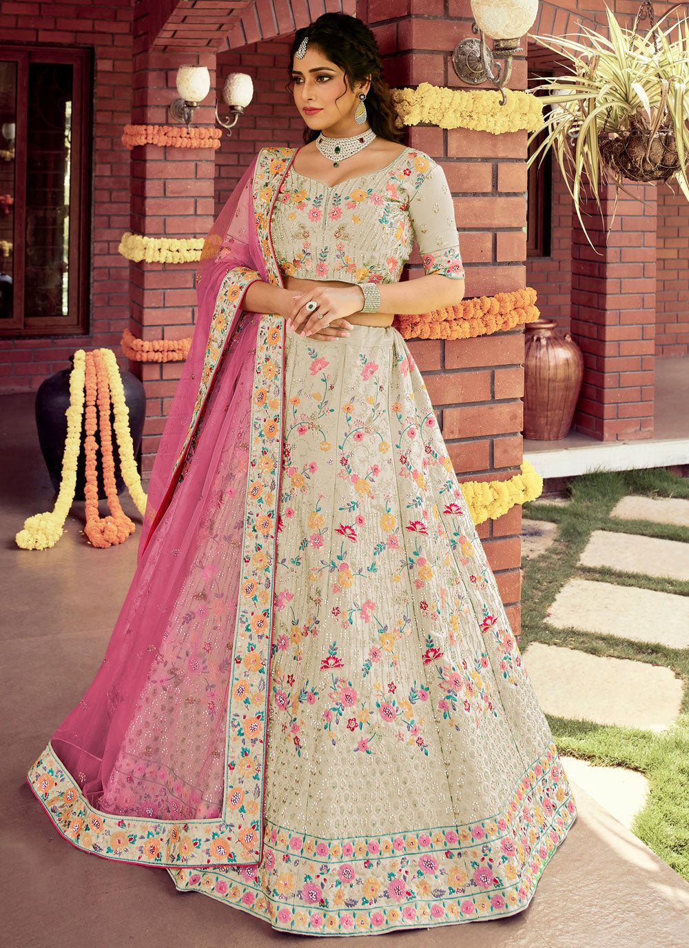 Off White Mehndi Lehenga Choli Clothsvilla