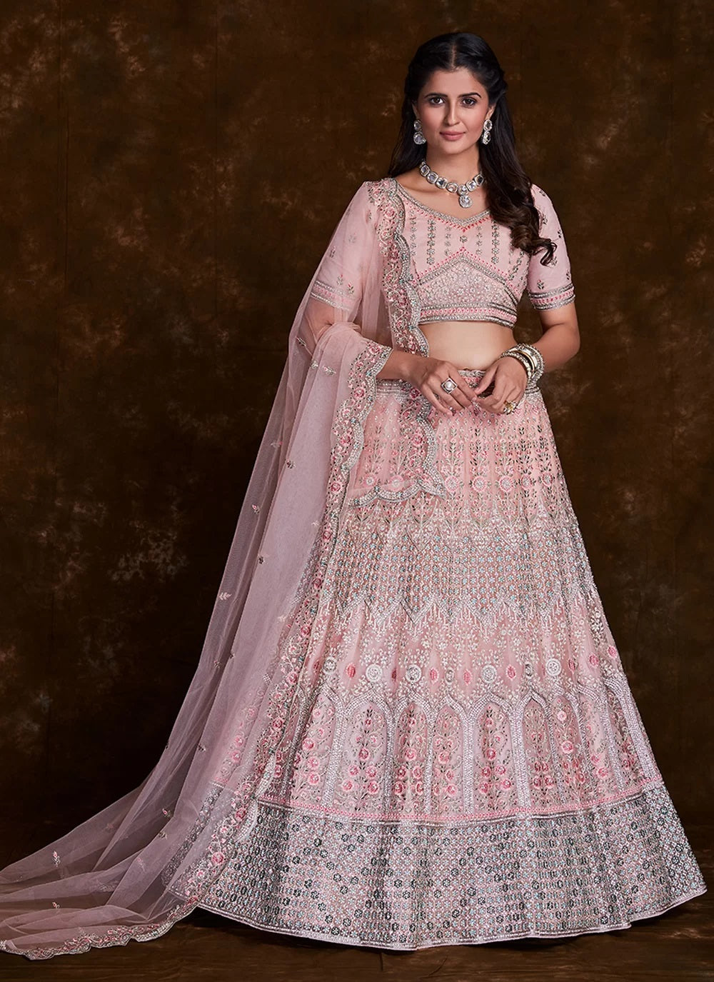 Exquisite Thread Work Net A Line Lehenga Choli Clothsvilla