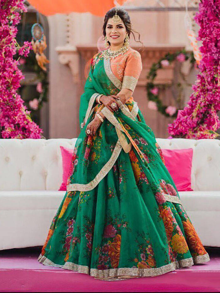 Graceful Green-Orange Sabyasachi Designer Digital Printed Lehenga Choli ClothsVilla