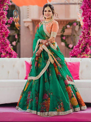 Graceful Green-Orange Sabyasachi Designer Digital Printed Lehenga Choli ClothsVilla