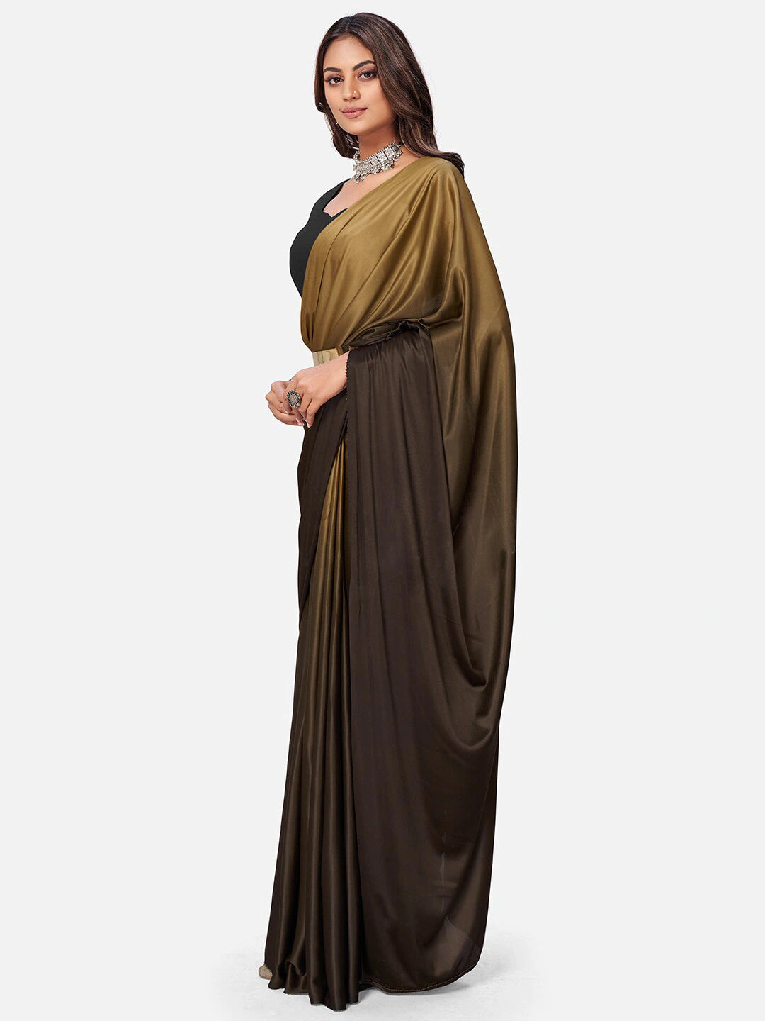 Gold Color Ready to wear Lycra saree with Metal Belt ClothsVilla