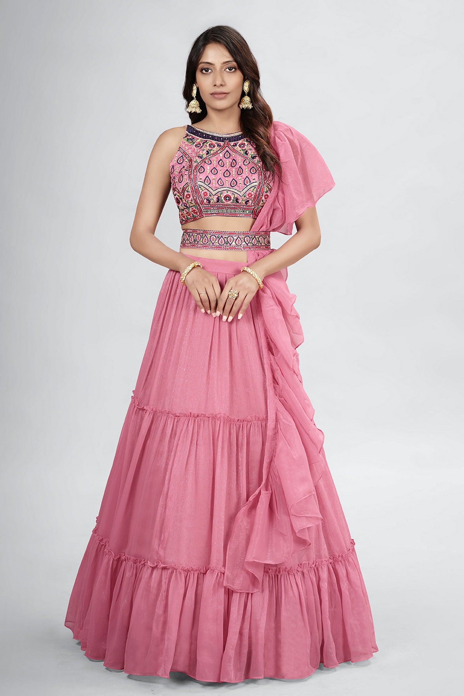Pink Pakistani Art Silk Lehenga Choli For Indian Festivals & Weddings - Thread Embroidery Work, Clothsvilla
