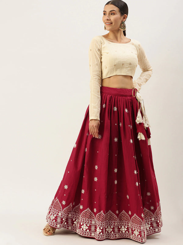 Maroon and beige woven design lehenga choli ClothsVilla