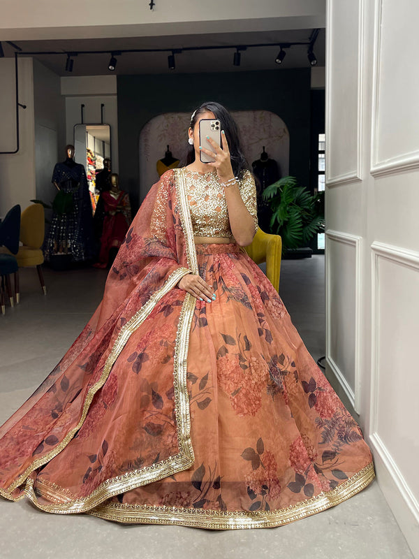 Brown Color Printed And Sequins Embroidery Lace Border Organza Lehenga Choli ClothsVilla.com