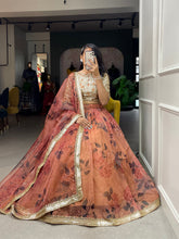 Load image into Gallery viewer, Brown Color Printed And Sequins Embroidery Lace Border Organza Lehenga Choli ClothsVilla.com