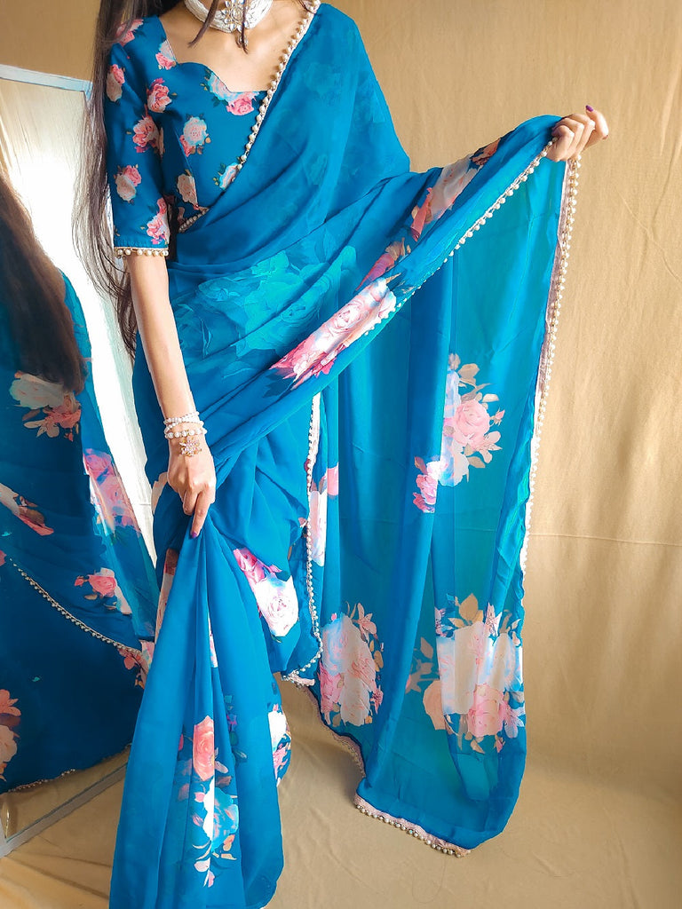 Firozi Color Printed With Peral Lace Border Georgette Stylist Saree Clothsvilla