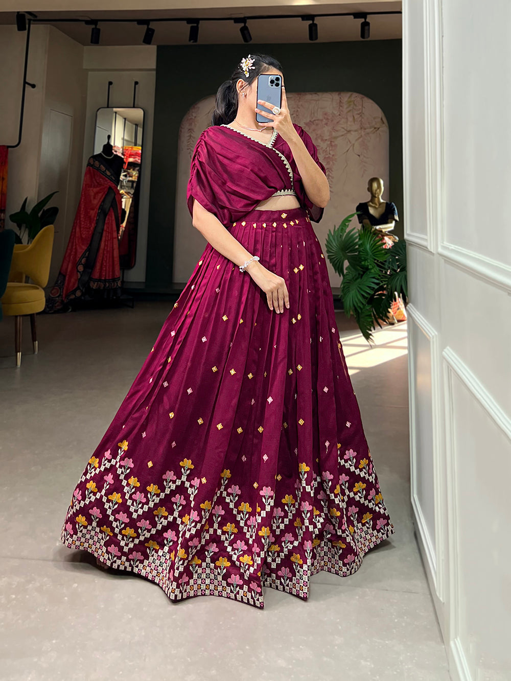Wine Color Thread Embroidery Work Vichitra Silk Lehenga Choli Clothsvilla
