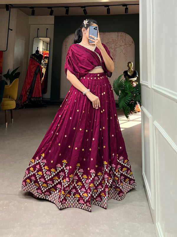 Wine Color Thread Embroidery Work Vichitra Silk Lehenga Choli Clothsvilla