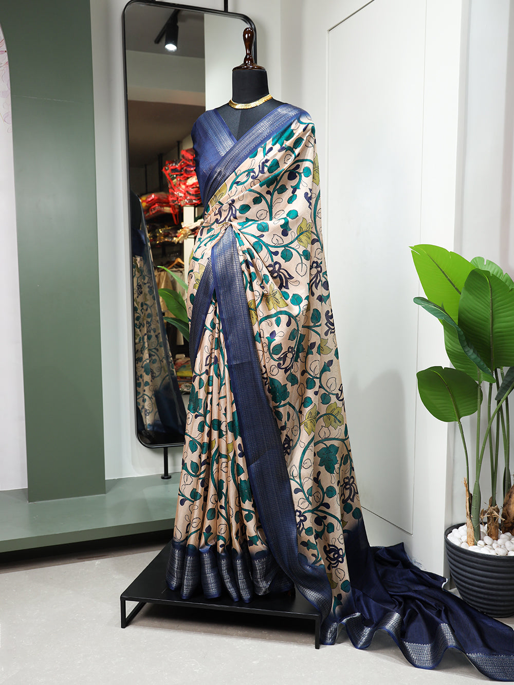 Navy Blue Color Printed With Zari Border Dola Silk Saree Clothsvilla