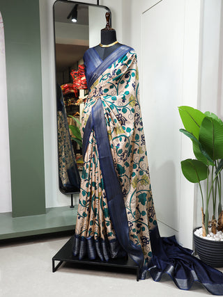 Navy Blue Color Printed With Zari Border Dola Silk Saree Clothsvilla