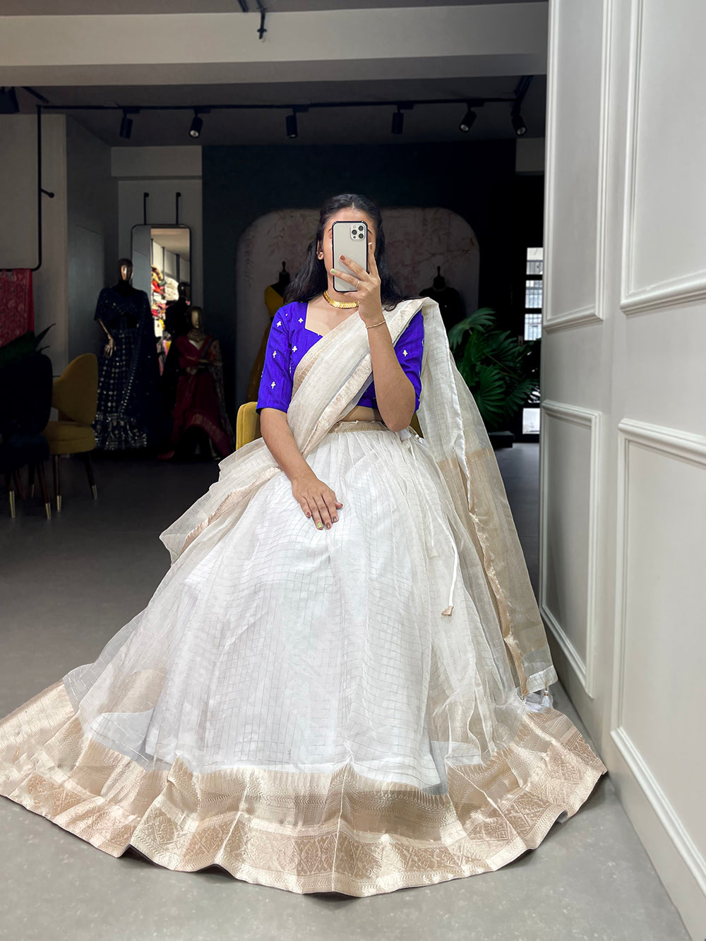 White Color Zari Weaving Work Organza Lehenga Choli ClothsVilla.com
