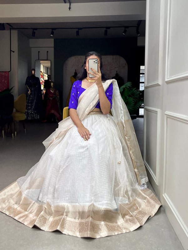White Color Zari Weaving Work Organza Lehenga Choli ClothsVilla.com
