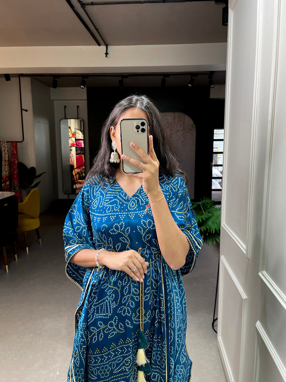 Navy Blue Color Bandhej Print With Gotta Patti Lace Border Gaji Silk Kaftan ClothsVilla.com