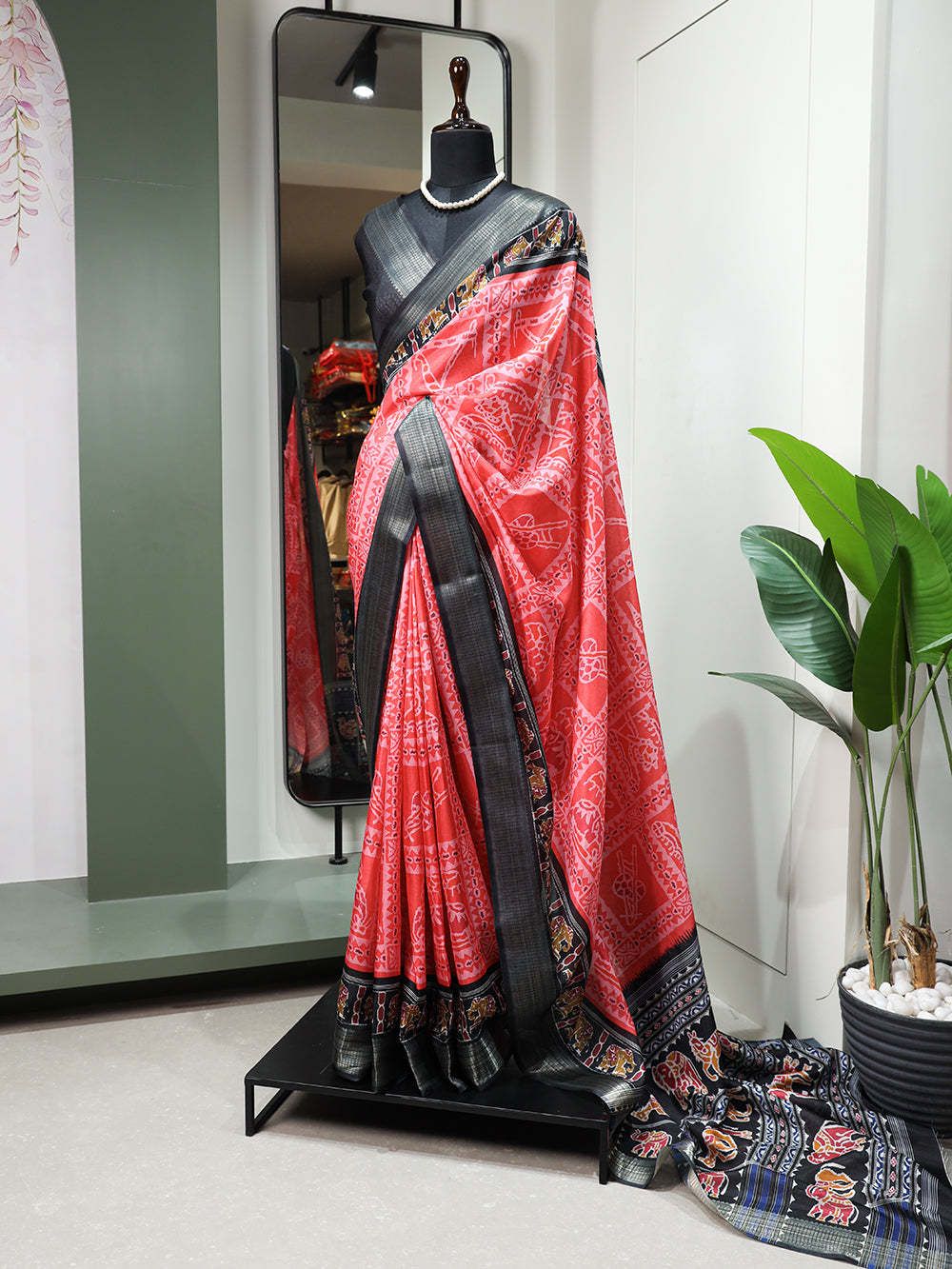 Salmon Color Printed With Zari Border Dola Silk Festive Wear Saree Clothsvilla
