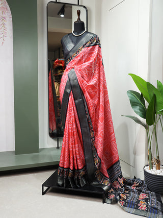 Salmon Color Printed With Zari Border Dola Silk Festive Wear Saree Clothsvilla