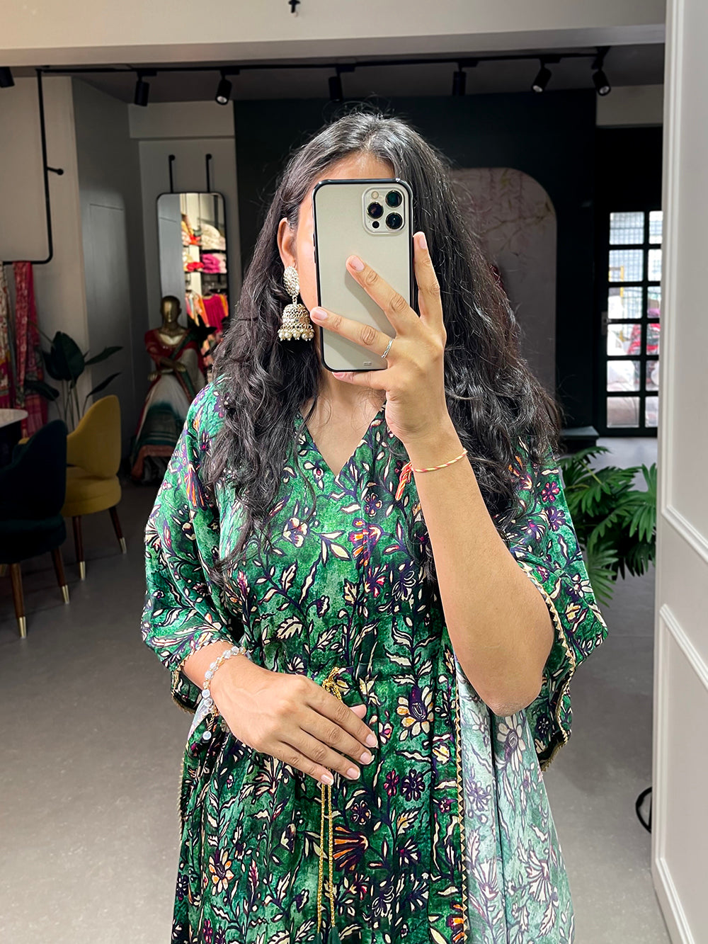 Green Color Digital Printed Gaji Silk Kaftan ClothsVilla