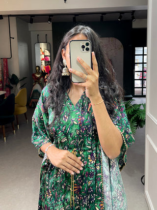 Green Color Digital Printed Gaji Silk Kaftan ClothsVilla